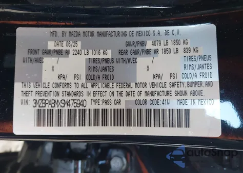 2025 Mazda Mazda3 2.5 S Select Sport z USA, uszkodzony, nr VIN 3MZBPABMXSM475940